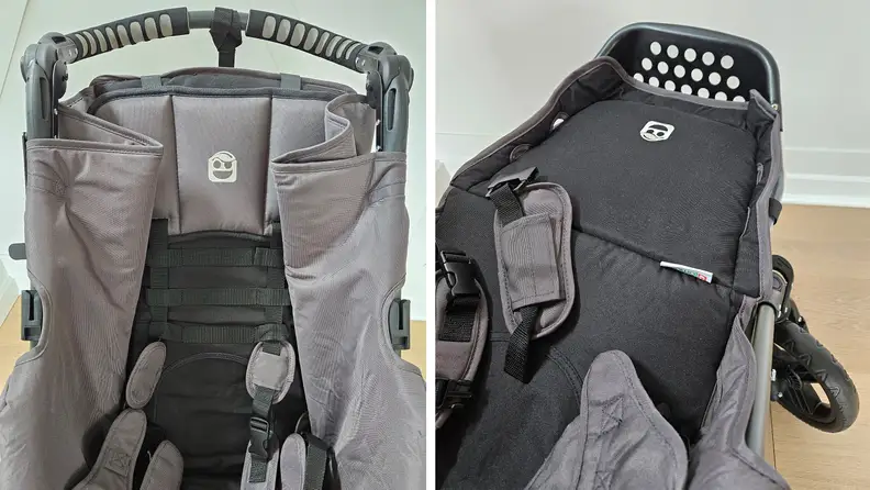 A close-up, side-by-side of the Special Tomato EIO Push Chair's straps and buckles.
