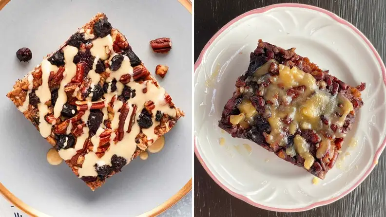 On left, RealEats photo of baked blueberry oatmeal shot from above. On right, Reviewed's photo of the same product from the same angle.