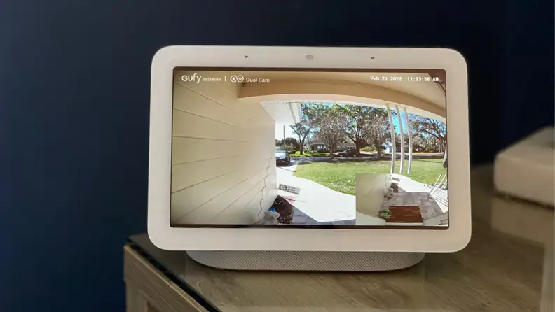 The Google Nest Hub (second-gen) smart display shows a video doorbell live stream