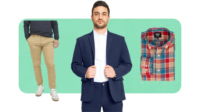 A plaid button-up shirt, khaki pants, and a navy blazer.
