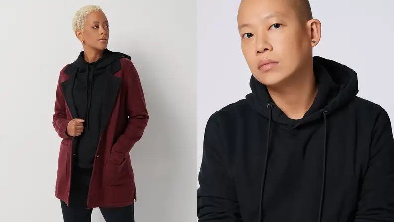 A split image of designer Jason Wu and a woman wearing a Jason Wu jacket, which you can buy on the QVC website.