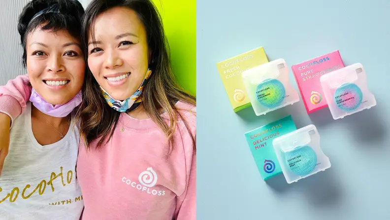 Left: Asian female founders of Cocofloss, right: multi-colored cocofloss on blue background