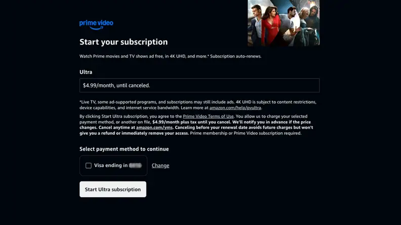 Prime Video Ultra subscription page showing the $4.99 monthly upgrade and checkout screen.