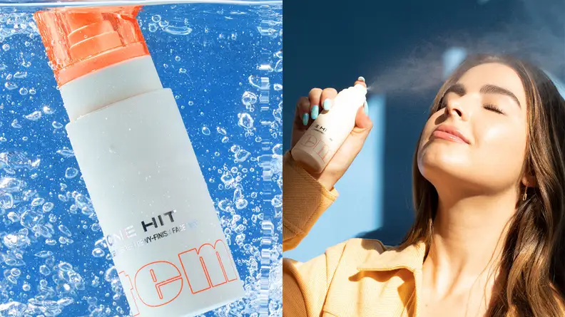 On the left: The Item beauty One Hit setting spray bottle floating in water. On the right: Addison Rae spraying her face with the One Hit.