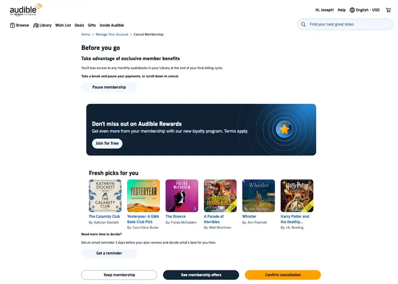Screenshot of Audible pause membership page