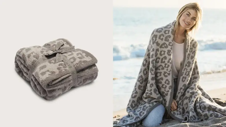 Left: Image of Barefoot Dreams Throw Blanket. Right: Young women wrapped in a cheetah print Barefoot Dreams blanket.