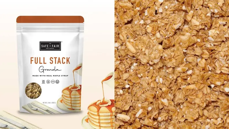 Left: A bag of Full Stack pancake-flavored granola against a white background accompanied by a stack of pancakes. Right: Close-up photo of granola.