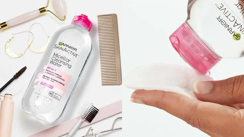 On the left: The Garnier SkinActive Micellar Cleansing Water laying on a white surface with beauty products laying all around it. On the right: A person's hand holds a round cotton pad and the Garnier micellar water hovers above it to dispense formula.