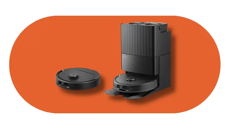 The Roborock Qrevo S Pro robot vacuum shown next to its self-cleaning dock on an orange background.