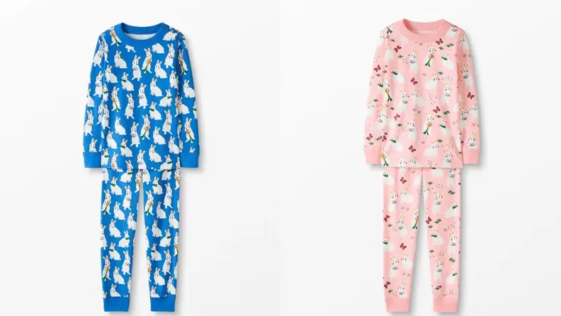 A set of blue and a set of pink Easter pajamas