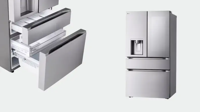 Open refrigerator drawers next to a full refrigerator