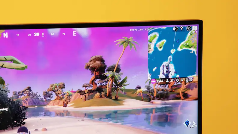 Close-up shot of the gaming monitor displaying Fortnite.