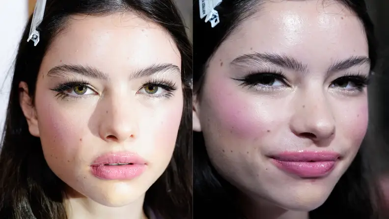 Portrait of a woman getting ready backstage for the Alice + Olivia fall/winter 2024 presentation.