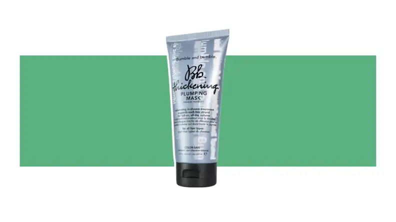 Tube of Bumble and Bumble Thickening Plumping Mask on a green background.