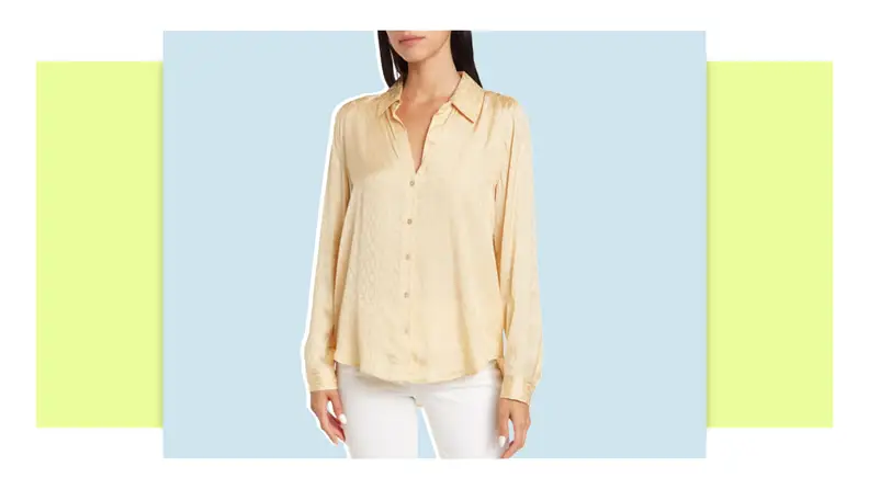 Model wearing tan colored satin shirt.