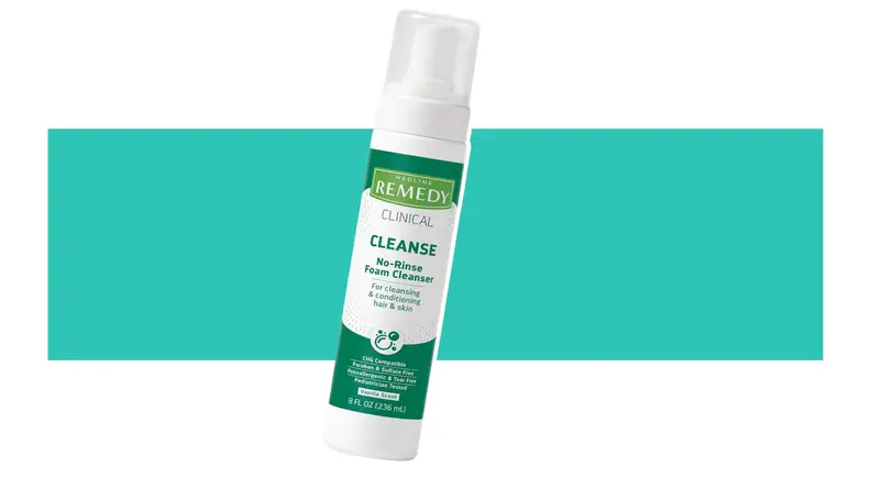 A spray bottle of Medline Remedy Clinical No-Rinse Foam Cleanser.