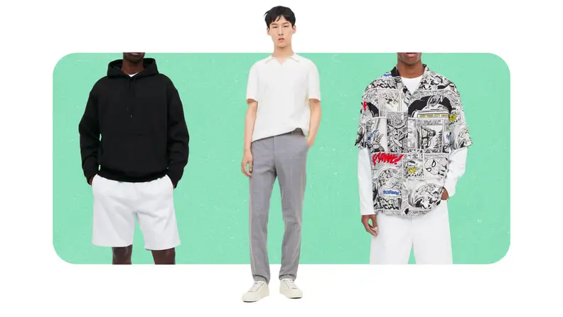 A hoodie, a graphic print shirt, and gray pants.