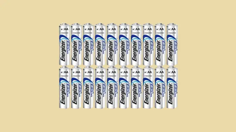 20 AA batteries against tan background