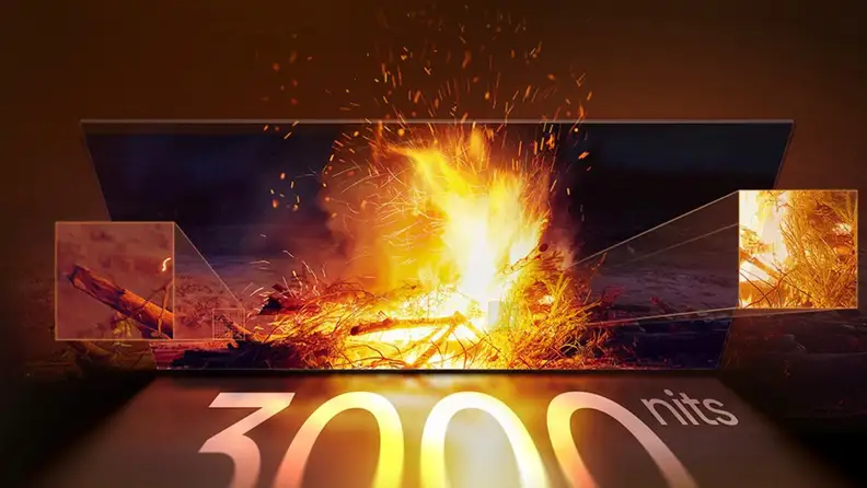 Hisense U7 TV displaying a campfire scene, highlighting 3,000 nits peak brightness