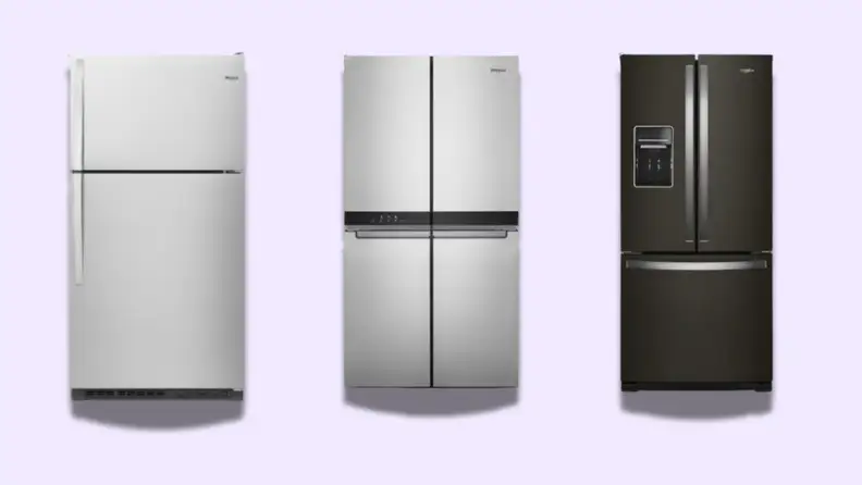 3 refrigerators on a light purple background