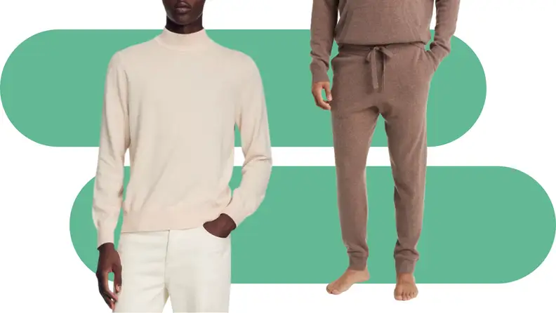 Models wearing men's cashmere sweater and joggers.