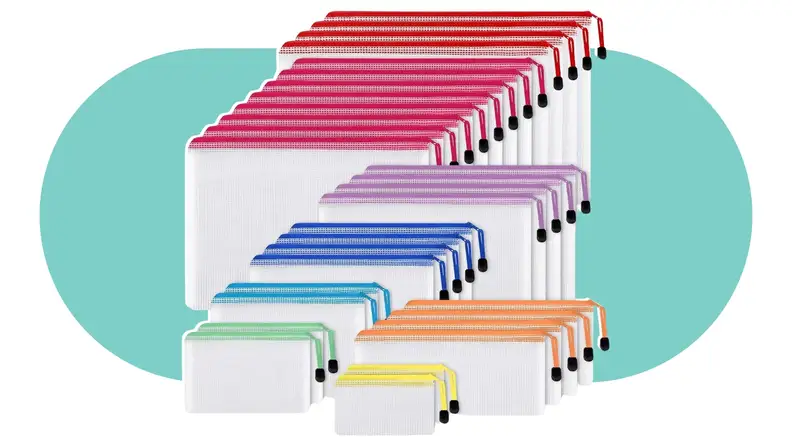 Thirty mesh zipper pouch bags for organization.