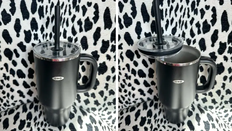 The Oxo Strive Tumbler on an animal print background.