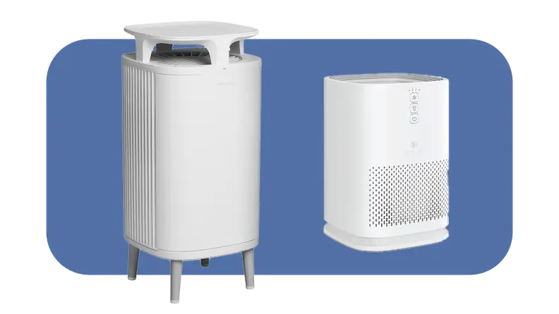 Product shots of the Blueair DustMagnet 5410i and the Medify Air MA-14 air purifiers.