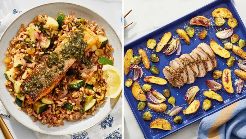 On left, a photo of a Blue apron trout and grain dish. On right, a pan of Blue Apron meatloaf surrounded by roasted veggies.