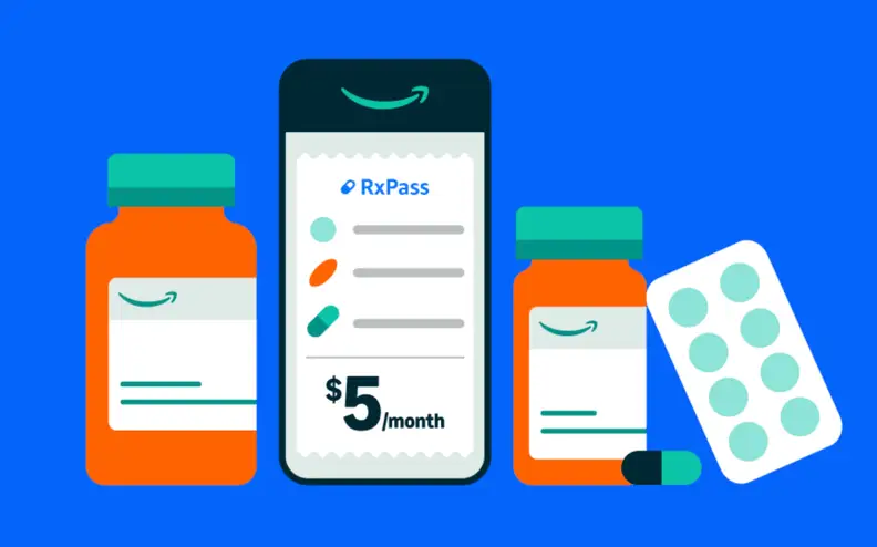 2D graphic art of pill bottles and the RxPass screen on a smartphone.