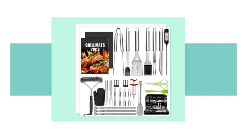 A grilling accessories kit in front of a background.
