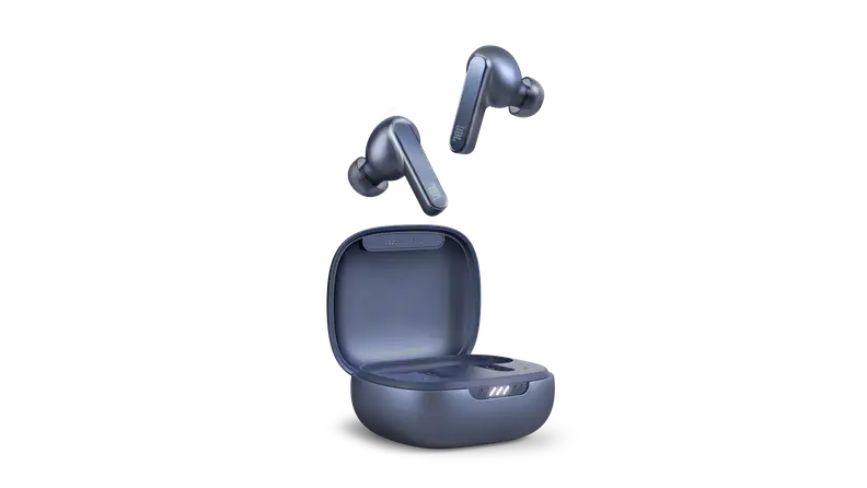 A pair of black, stick-style earbuds float above a charging case.