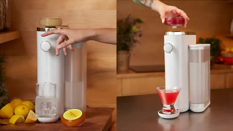 Two images of a hand using the Bello water filter as it extracts liquid