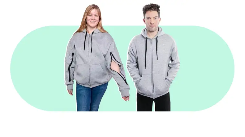 Two people modeling a gray IV access hodie.