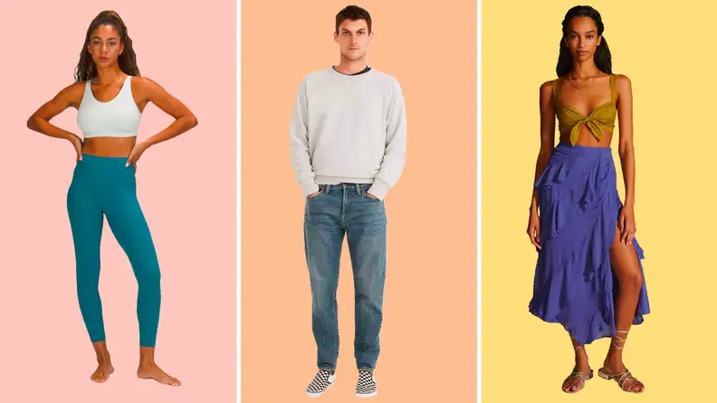 A woman wearing a tank top and teal sweats against a pink background on the left. A man wearing a  casual shirt and jeans against a peach background in the middle. A woman wearing a blue skirt and gold cloth bra against a yellow background on the right.
