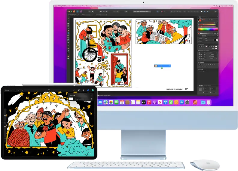 A mockup of an iPad and iMac next to each other, both showing illustrations on their screens.