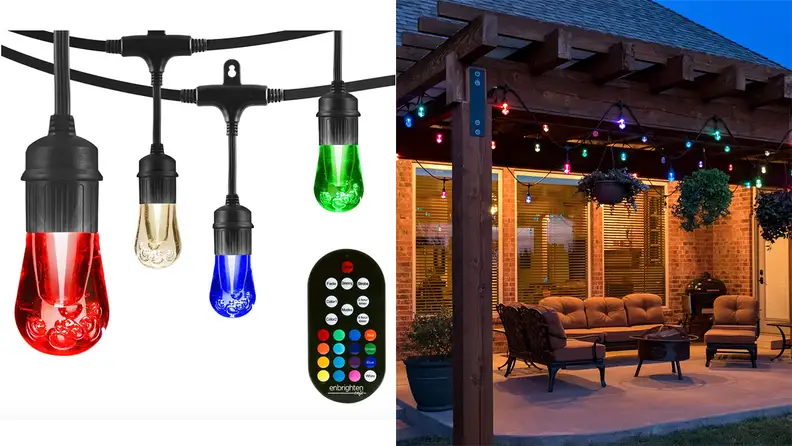 These colored strings against a white background, and then in use, strung from an covered patio, are among the best modern outdoor lighting ideas.