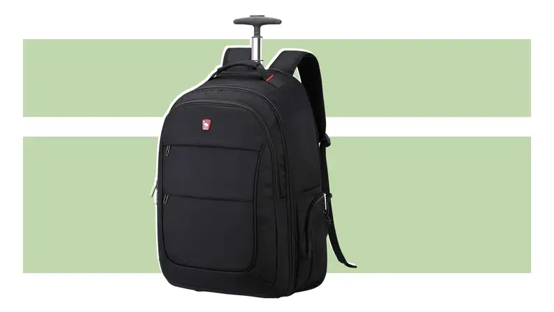 The Oiwas Travel Rolling backpack on a green background.