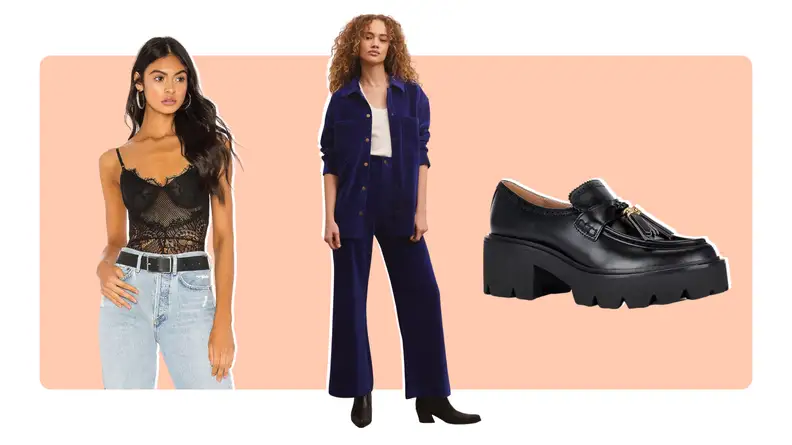 A model wearing a black bustier, a model wearing a matching blue outfit, and a black loafer.
