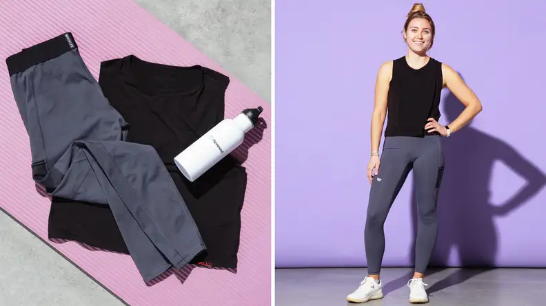 The Wolaco grey leggings on top of a black tank top and a person on the right wearing the leggings and tank top.