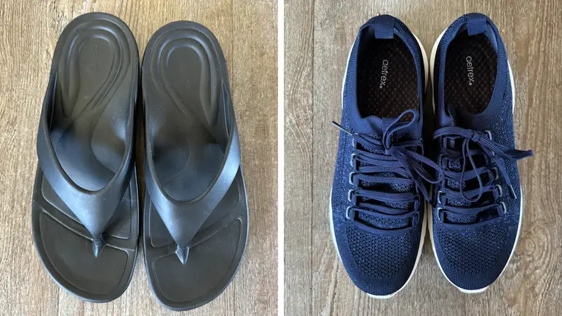On left a pair of Fiji Aetrex sandals, On right a pair of Danika Aetrex snesakers