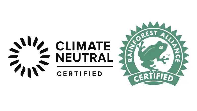 the climate neutral and rainforest alliance seals, shown side by side