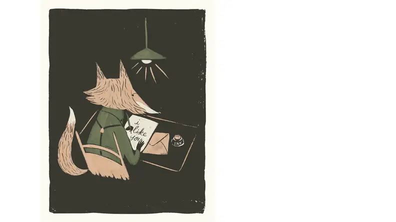 A cartoon fox sits at a desk, doing calligraphy. 