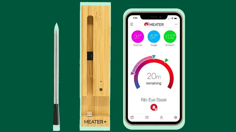 Meater meat thermometer on a green background