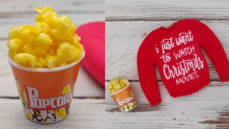 Miniature popcorn and a red sweatshirt for the elf.