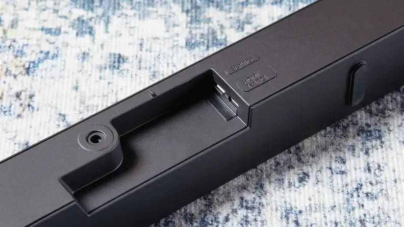Close-up of the back of the soundbar and its connectivity ports.