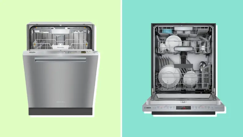Two dishwashers, one closed and another open with dishes inside, next to each other in front of a background.