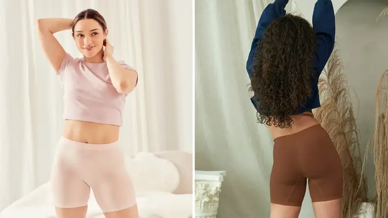 A model wears pink shorts, another in brown shorts.