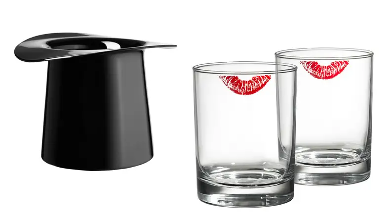 A top hat vase and lipstick glasses