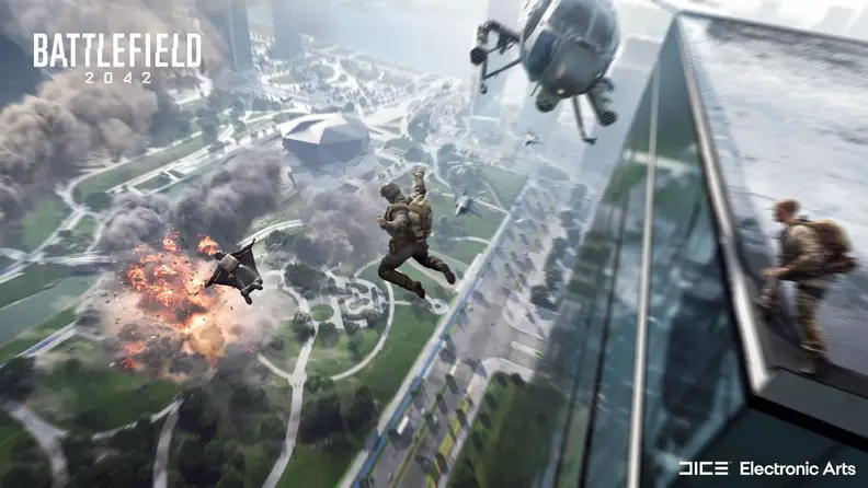 Soldier paragliding to a burning city